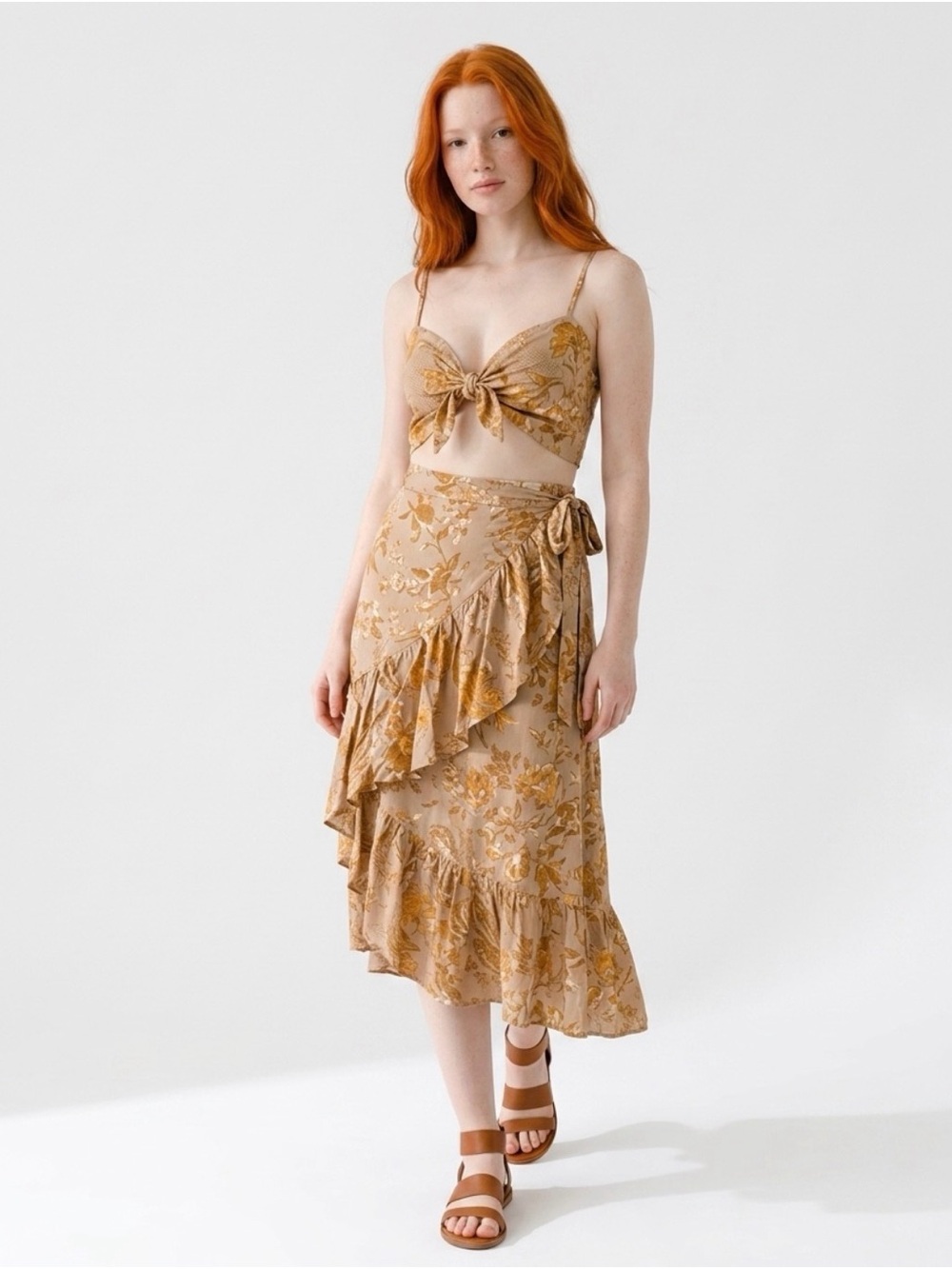 Floral Ruffle Wrap Midi Skirt in Tan with Matching Top